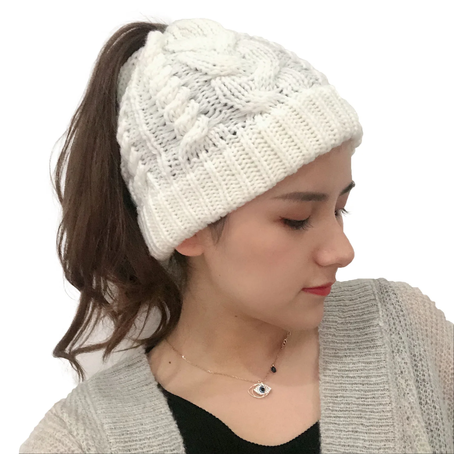 Womens Ponytail Winter Beanie Hat Warm Knit Messy Bun Ponytail Skull Cap Faux Fur Pom Pom Beanie