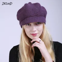 Winter Solid Plus Velvet Hat Women Fashion 100% Merino Wool Newsboy Cap Winter Hats Visor Beret Cold Weather Knitted Caps