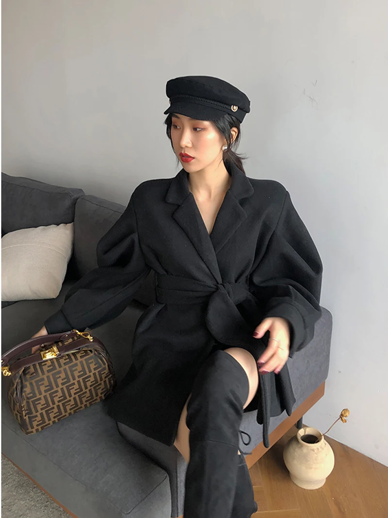 BGTEEVER Elegant Women Blend Coat Vintage Puff-sleeve Belted Female Woolen Coats Autumn Winter Office Ladies Overcoats Jackets