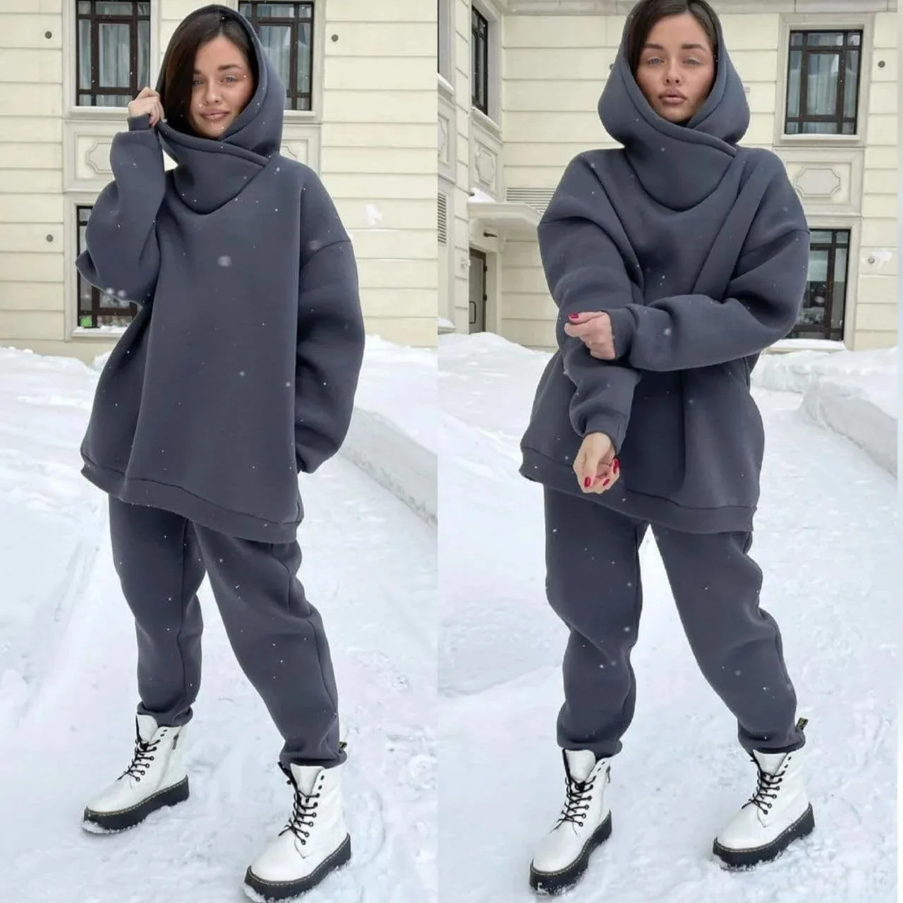 Thick Fleece Tracksuit Women Autumn Winter Turtleneck Hooded Sweatshirts Jogger Pants Two Piece Set Casual Oversized Sports Suit |