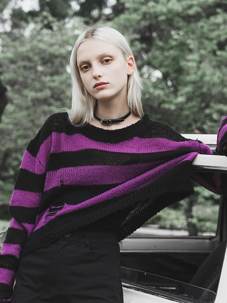 

PUNKRAVE Women's Punk Style Autumn Long Sleeves Blouse Loose Round Neck Hole Striped Asymmetrical Female Sweater