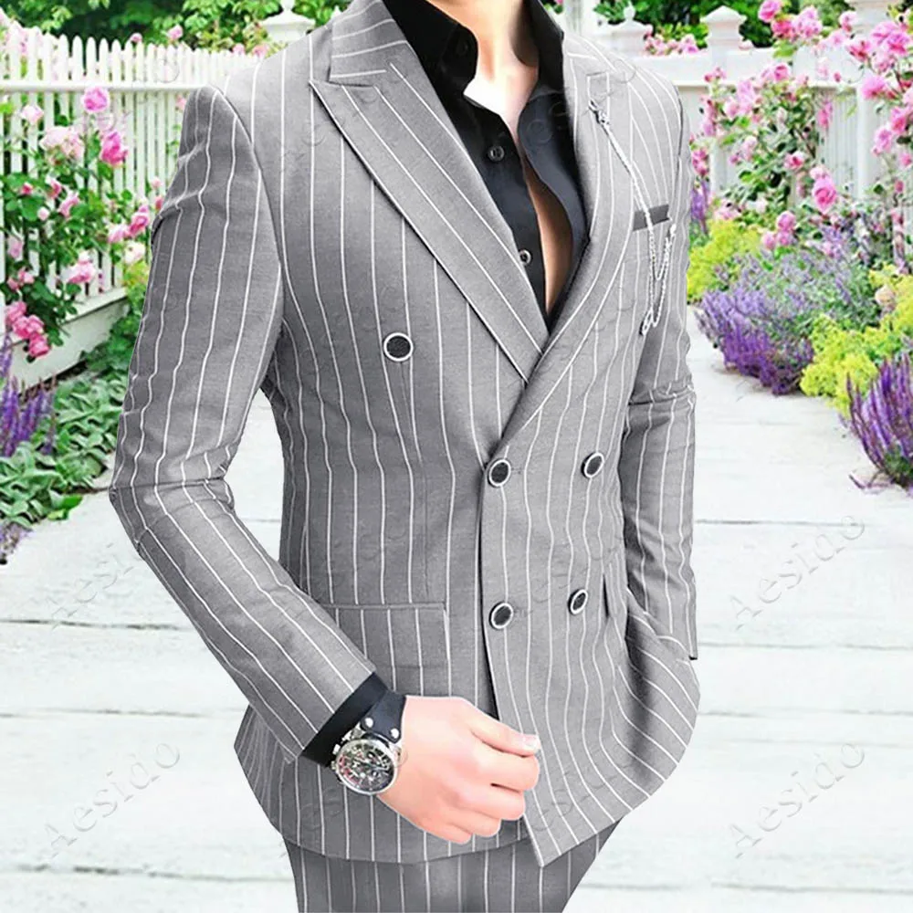 Aesido повседневные мужские костюмы Slim Fit 2 штуки полосатые двубортные смокинги для