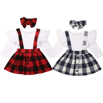 

2019 New Kids Baby Girl Lace Fly Sleeve Cotton T-shirt Tops Plaid Suspender Skirt Headband 3PCS Outfits Autumn Clothes Set