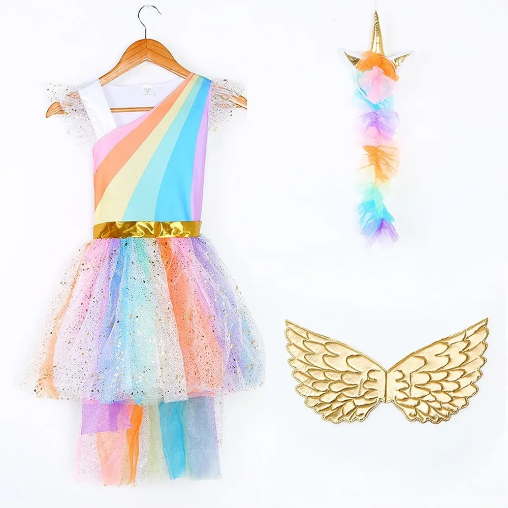 

Girls Mesh Rainbow Tutu Dress with Unicorn Headband Wings Halloween Cosplay Princess Party Dresses Children Ball Gown Costumes