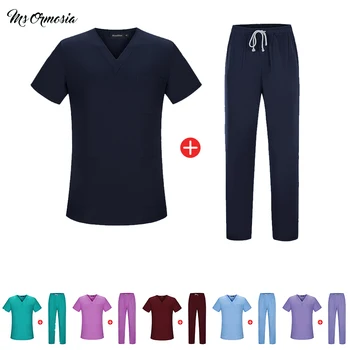 

Solid color V-neck Unisex Medical Surgical Uniforms Hospital Nurse Scrub Tops Operating room pharmacy Pet doctor work clothes