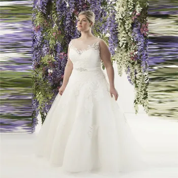 

Sheer Scoop A-Line Plus Size Wedding Dress Adjustable Lace Up Corset With Ribbon Waist Bridal Gowns Countryside 2021 Garden