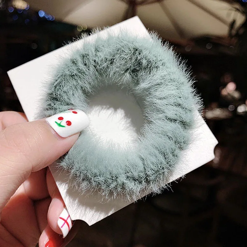 Fashion Fur Ponytail Holder Headband Sweet Plush Hairbands Girl Colorful Women Soft Elastic Scrunchies Rubber Hair Accessories - Цвет: ArGreen