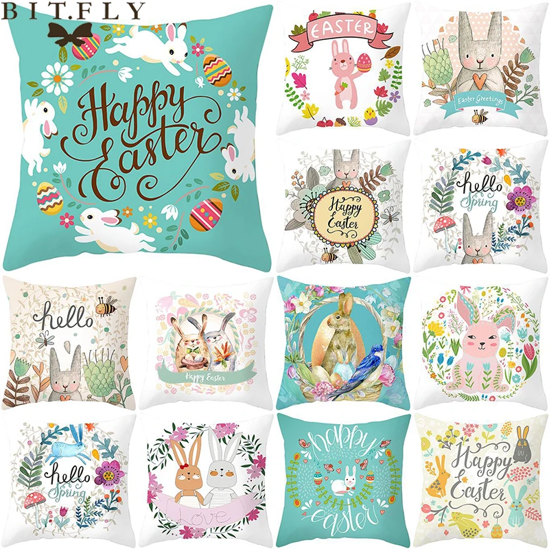 Happy Easter Cushion Cover Cute Rabbit Printed Sofa Throw Pillow