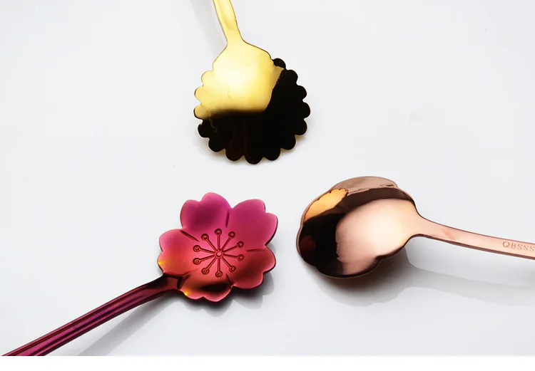 304 Stainless Steel Flower Spoon Sub-Cherry Blossom Rose Sunflower Colorful Titanium Plated Gold Purple Tableware Dessert Spoon
