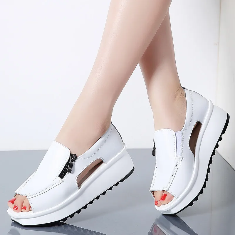 

2019 Fashion Summer Women Sandals Wedges Sandals Ladies Open Toe Round Toe Zipper Silver White Platform Sandals Shoes