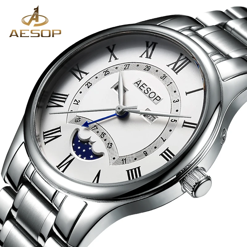 

Aesop Watch Men Moon Phase Quartz Wrist Wristwatch Stainless Steel Male Clock Waterproof Relogio Masculino Hodinky 8848g