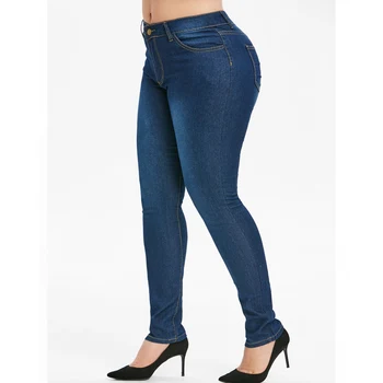 

ROSEGAL Plus Size Basic Dark Wash Jeans Zipper Fly Pockets Denim Pencil Casual Pants Mid Waist Stretch Skinny Solid Women Jeans