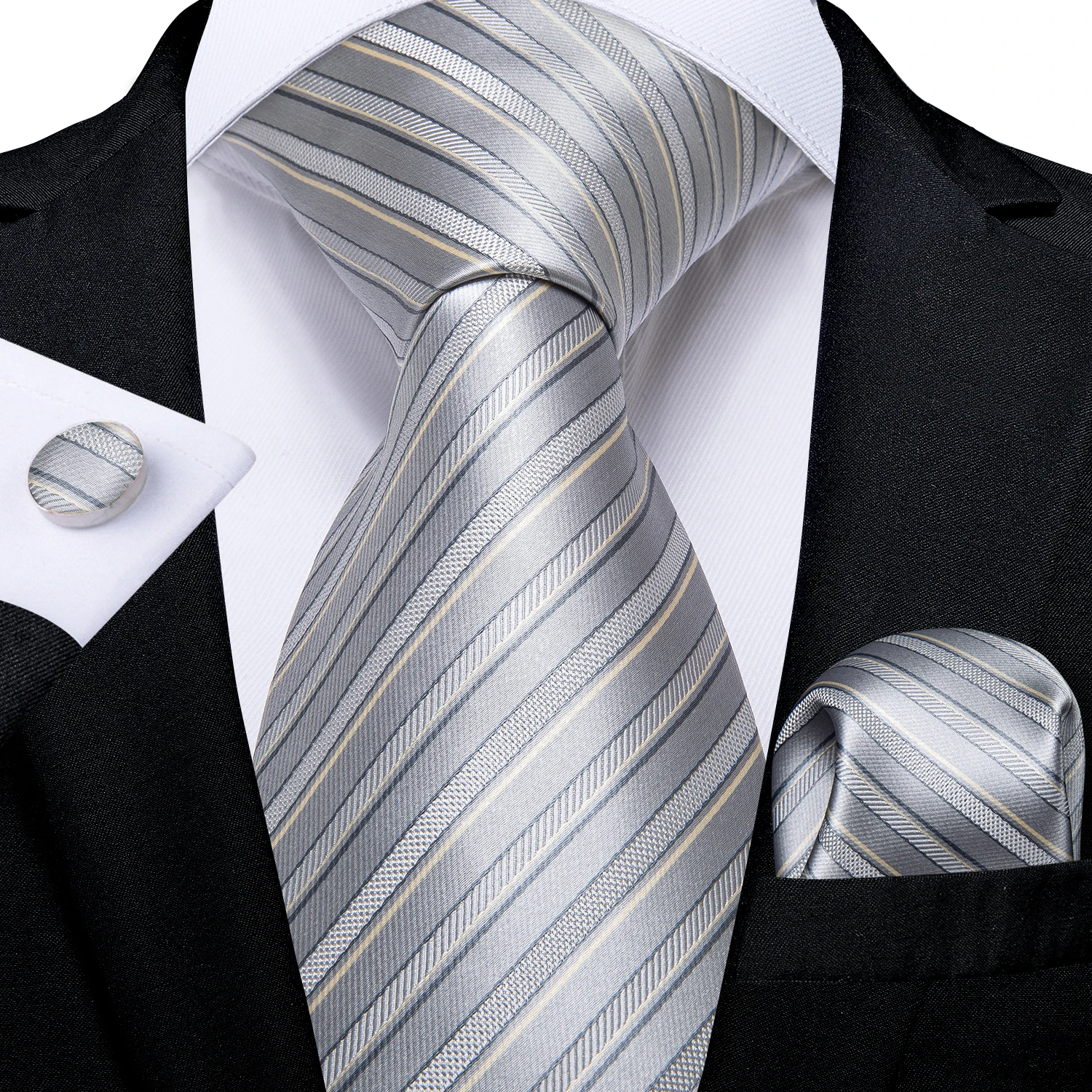 DiBanGu Mens Necktie Silver White Striped Design Silk Wedding Tie For