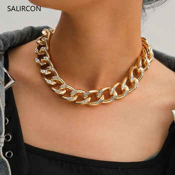 

Salircon Punk Miami Curb Cuban Choker Necklace Goth Clavicle Chain Chunky Rhinestone Necklace For Women Men Collares Jewelry