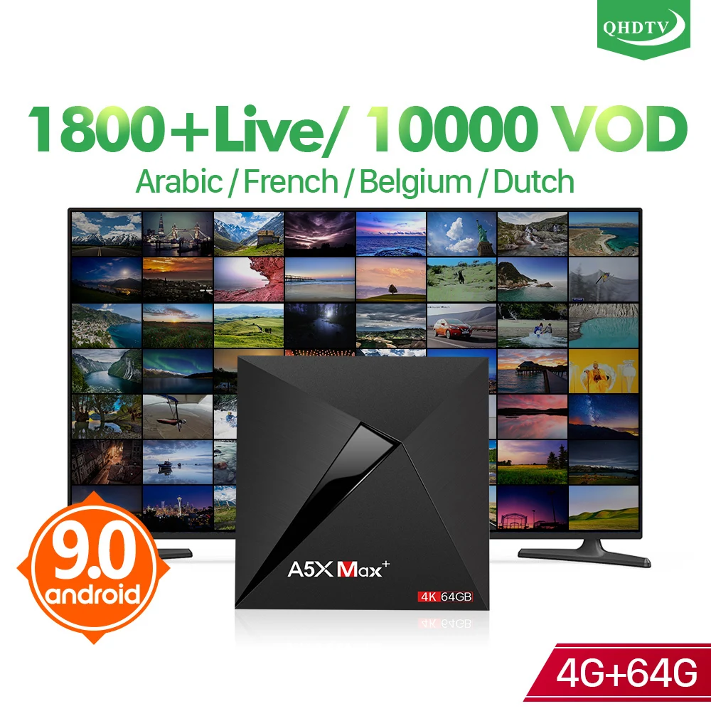 QHDTV IPTV Subscription Box A5X Max Android 9.0 Smart TV Box 4G 64G IPTV France Arabic Belgium Germany IP TV French Dutch Turkey