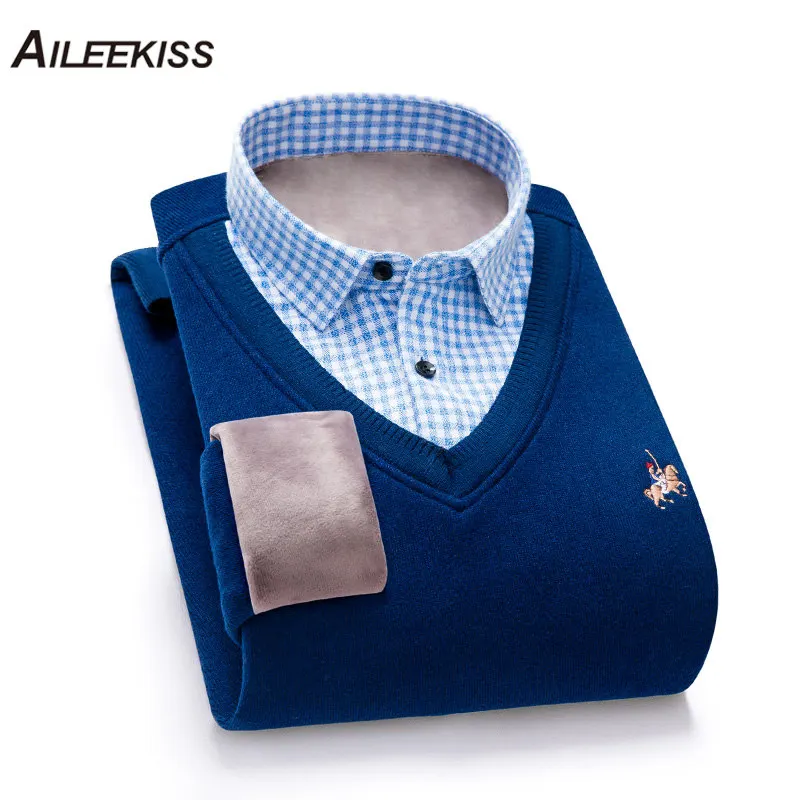

AILEEKISS Fake two pieces Men's Shirts Long Sleeve Winter Warm Men Business Dress Shirt Thicken Autumn Casual Homme Shirts XT838