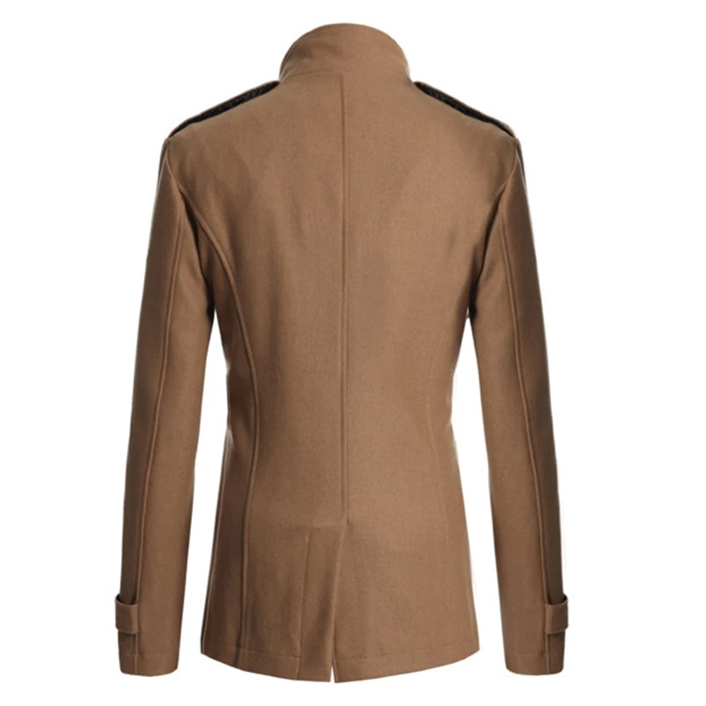 Men Long Sleeve Lapel Collar Double-breasted Pockets Woolen Slim Trench Coat
