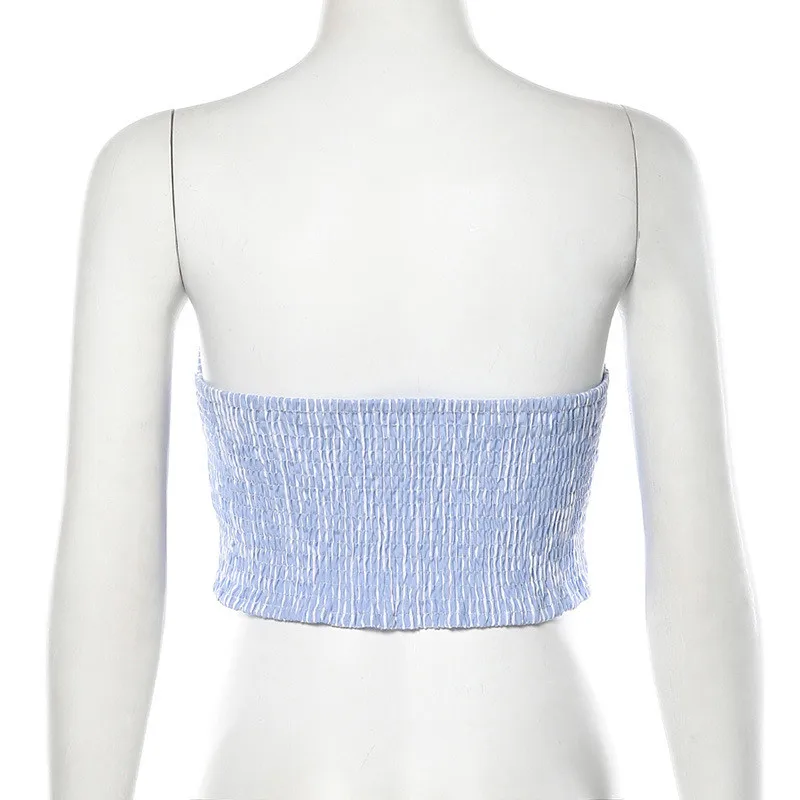 New Women Single Breasted With Bow Blue Striped Top Fashion Backless Slash Neck High Street Sexy Crop Tops Autumn