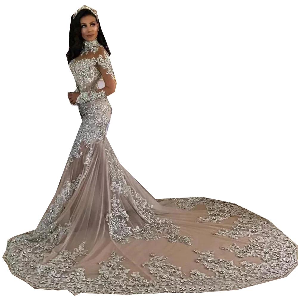 Dubai Arabic Luxury Sparkly 2020 Wedding Dresses Sexy Bling Beaded Lace Applique High Neck Illusion Long Sleeves Mermaid Dress bridesmaid dresses Wedding Dresses