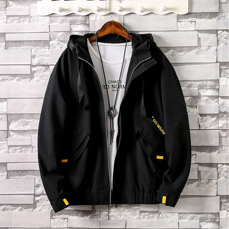

2019 Autumn New Products Jacket Men's Fold-down Collar Mixed Colors Printed Hooded Drawstring Jacket Students Casual Coat