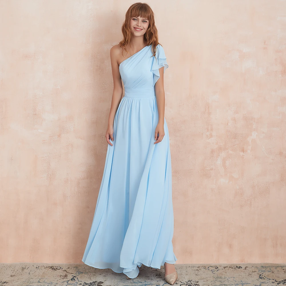 

VKbridal A-Line Plus Size Wedding Party Prom Gowns 2019 for Juniros Real Picture One Shoulder Chiffon Bridesmaid Dresses Long