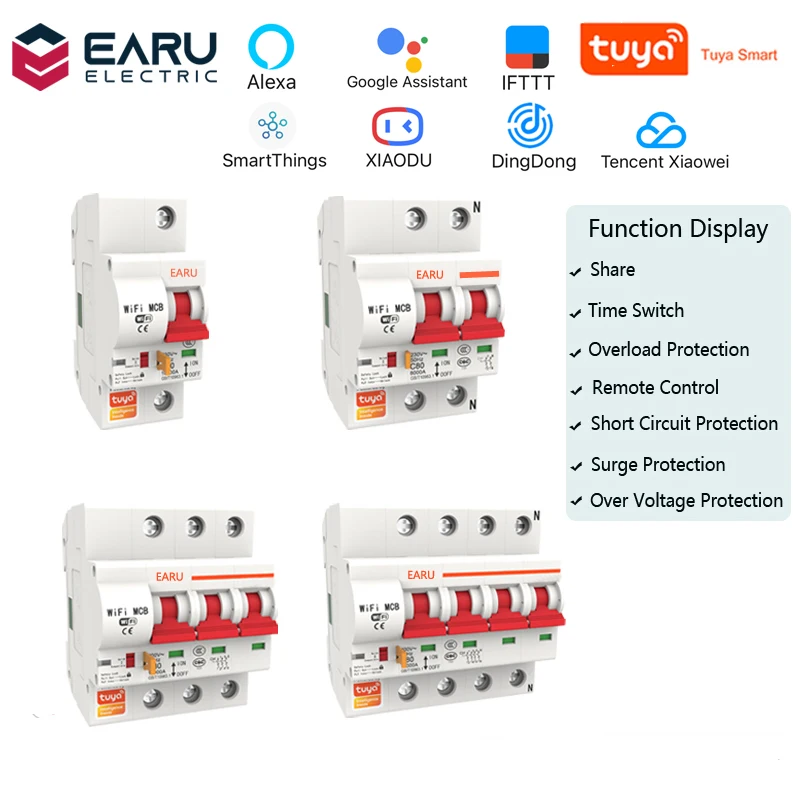 

1P 2P 3P 4P 10A-125A Wireless Smart WIFI Circuit Breaker Timer Tuya APP Vioce Remote Control Switch Amazon Alexa Google Home