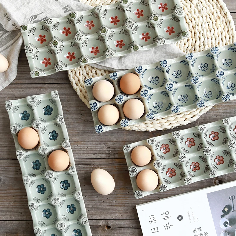 Японский глазурь цвет керамика 12 Сетки разделение Яйцо Лоток Прямоугольный яйцо блюдо кухня БЫТОВОЙ ящик для хранения