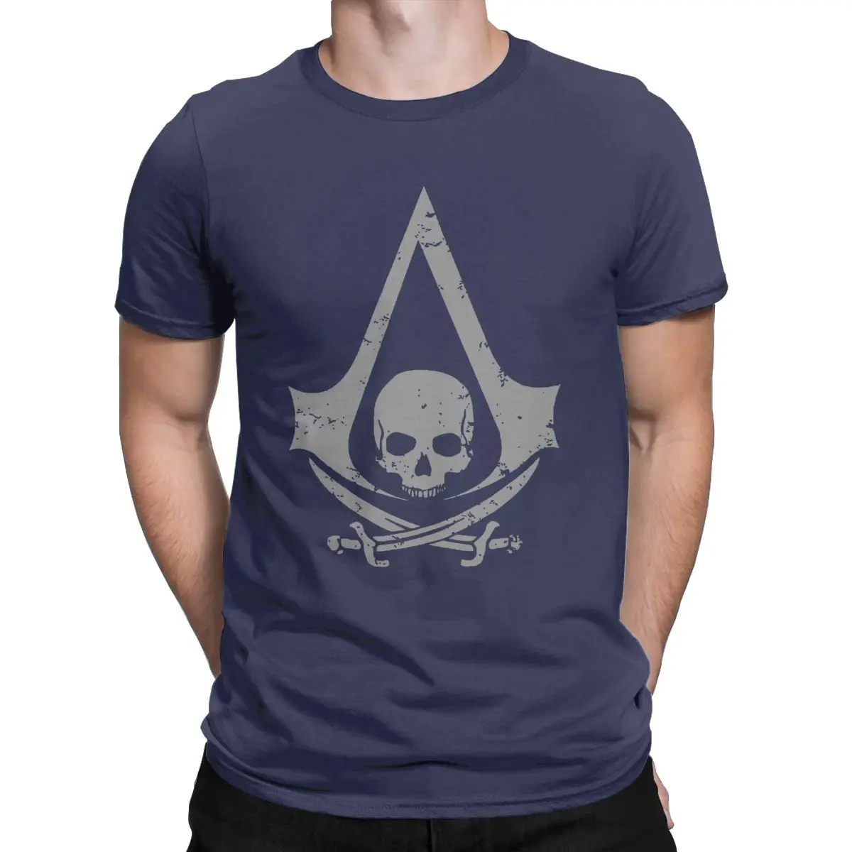 Мужские футболки с пиратским черепом, готическая одежда для игры Assassins Creed, винтажные футболки с коротким рукавом и круглым вырезом, футболки с идеей подарка - Цвет: Тёмно-синий