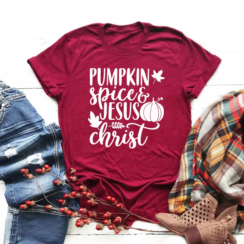 

Autumn Pumpkin Spice & Jesus Christ Graphic T-shirt Religious Women O-Neck Christian Tees Tops Trendy Tumblr Slogan Fall Tshirt