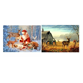 

2 Set Diy 5D Full Diamond Painting Embroidery Cross Stitch Kit-Santa Deer Squirrel Rabbit & Farm Elk Tractor
