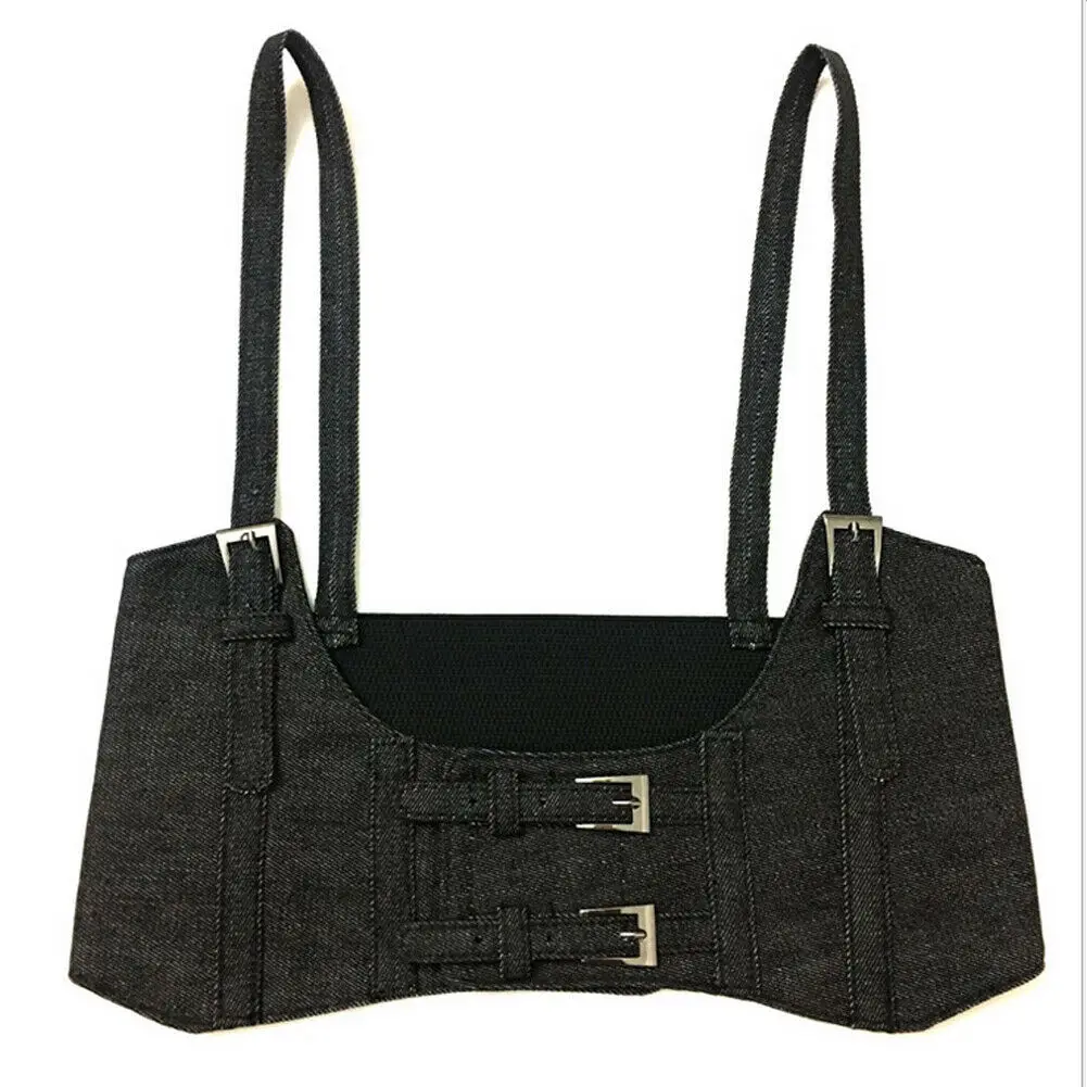Black Denim Фирменная Новинка Винтаж Для женщин жилет стимпанк корсет жгут хлопкового волокна жилет Широкий корсет с поясом широкие пояса с пряжкой Косплэй аксессуар - Цвет: Black Denim