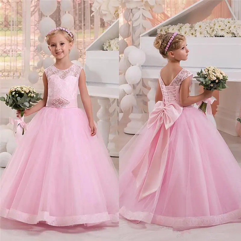 Торжественное розовое кружевное платье принцессы с фатиновой юбкой, Платья с цветочным узором для девочек, платья с бантом для свадебной вечеринки, первого причастия, костюм для новорожденного ребенка