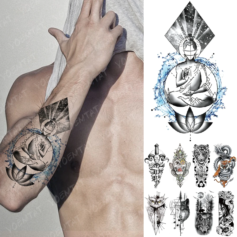 Wasserdicht Temporare Tattoo Aufkleber Lotus Weisheit Ozean Buddha Shakyamuni Flash Tatto Wolf Lion Korper Kunst Arm Gefalschte Tatoo Frauen Manner Temporary Tattoos Aliexpress