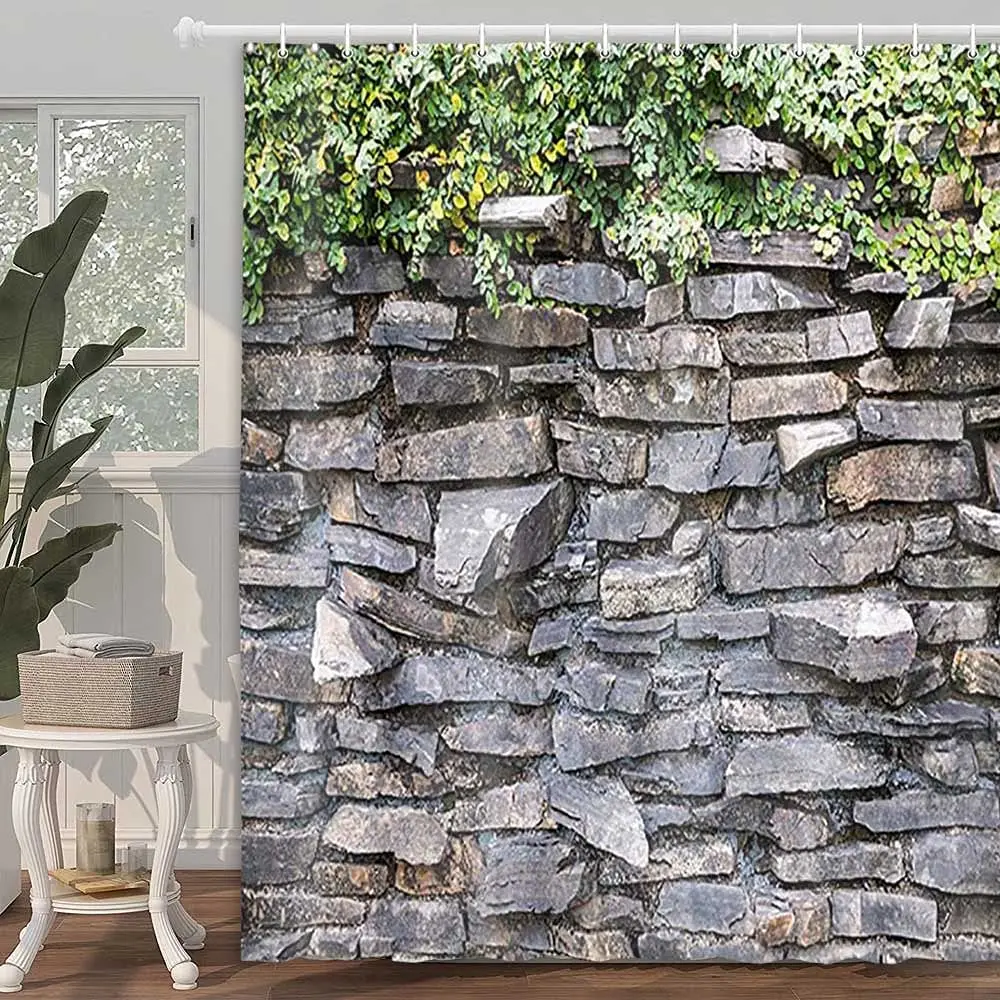 Stone Brick Wall Shower Curtain Ivy Green Leaves Climbing On Rustic Marble Rocks Stone Wall Bathroom Accessories Bathtub Curtain