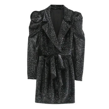 

Vintage Bow Sequined Ruched Sleeve Dresses Women Fashion Notched Dress Elegant Ladies Long Sleeve Mini Dresses