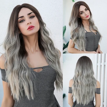 JONRENAU 24 Inches  Long Synthetic Natural Wave Brown Ombre Hair Wigs Heat Resistant Hair Wigs for Black Women 5