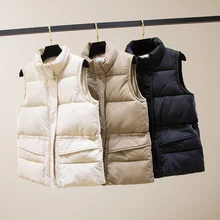 

Solid Short Style Vest for Women Cotton Padded Women's Winter Sleeveless Jacket with Zipper Stand Collar Casual Coats
