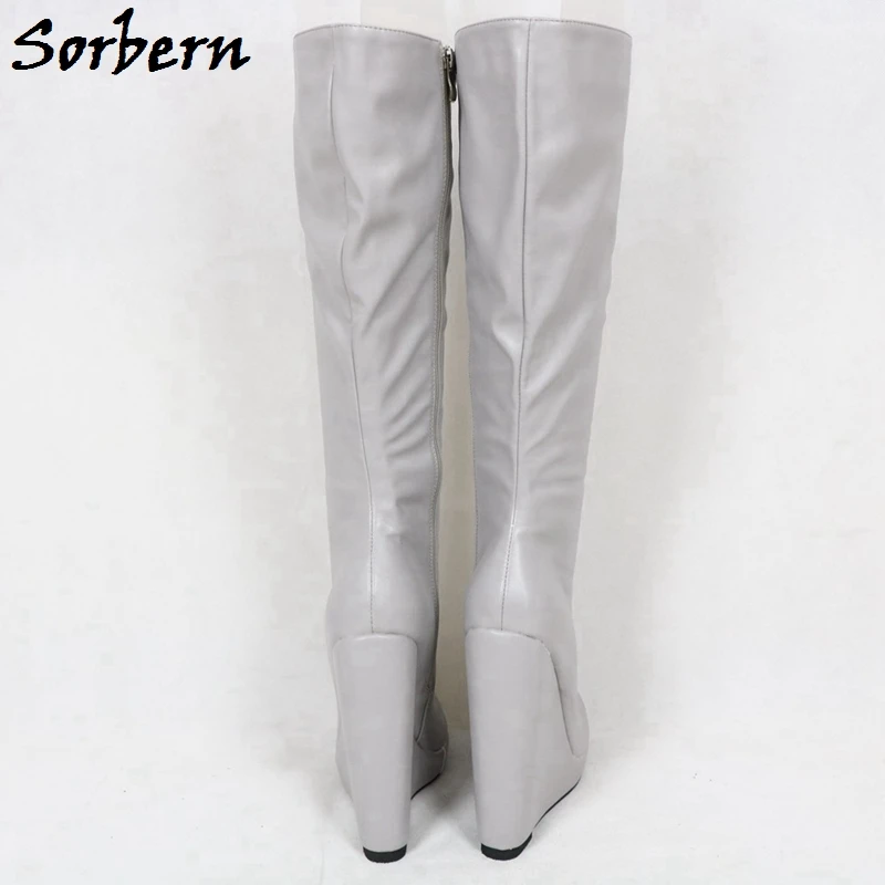 Sorbern/женские серые сапоги до колена на танкетке; модные ботинки на молнии с круглым носком; большие размеры; цвет на заказ; Botas Mujer;