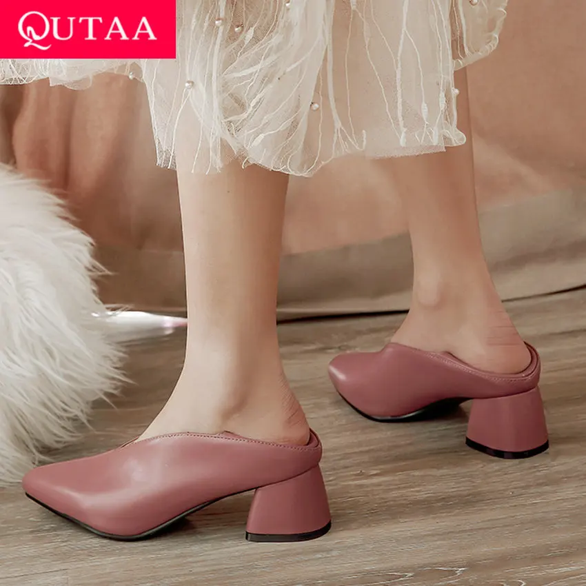 Acheter QUTAA 2020 femmes pompes mode Mules femmes chaussures carré haut talon bout pointu en cuir Pu décontracté classique dames pompes taille 34 43
