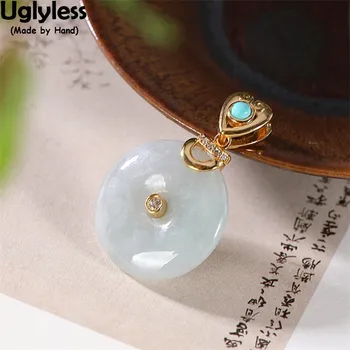 

Uglyless Classic Peace Button Pendants Necklaces NO Chain Women Natural Gemstones Emerald Necklaces 925 Silver Turquoise Jewelry
