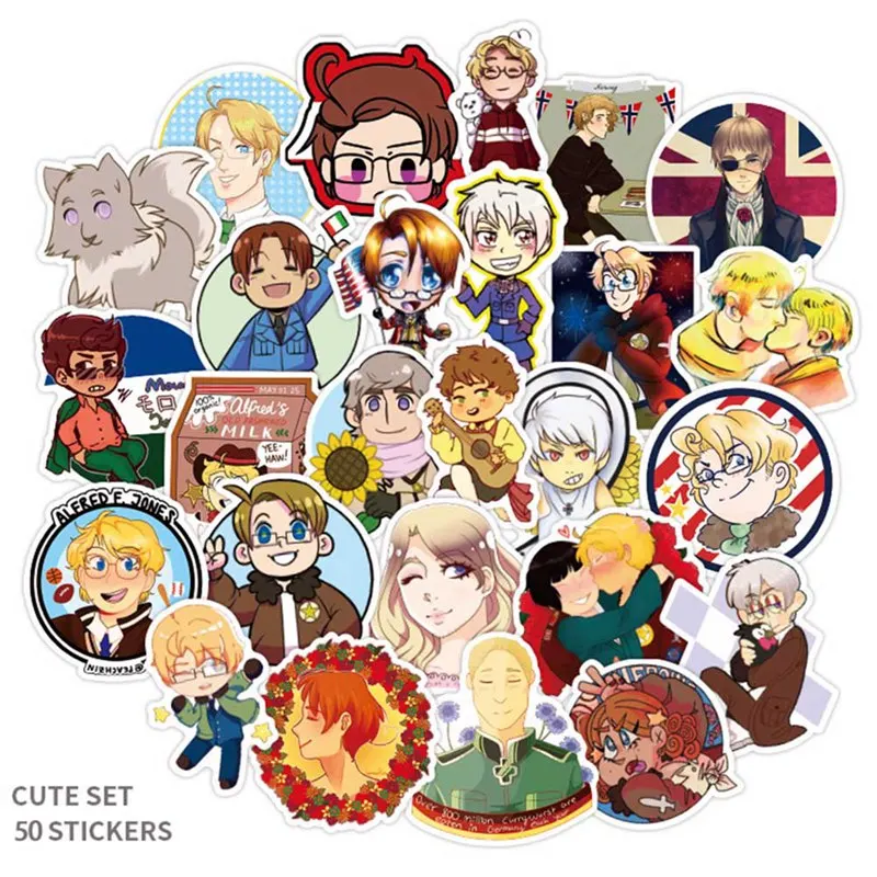

Decal Sticker for Kid Toy Pack Japan Anime Axis Powers Stickers Skateboard Fridge Guitar Laptop Luggage Graffiti Car 50Pcs