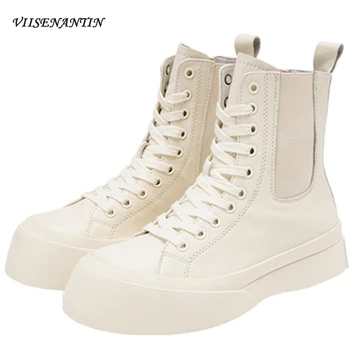 

Genuine Leather chunky-soled Handsome Woman Ankle Short Martin Boots Round Toe platform flat bottom Lace-up for Winter Autumn
