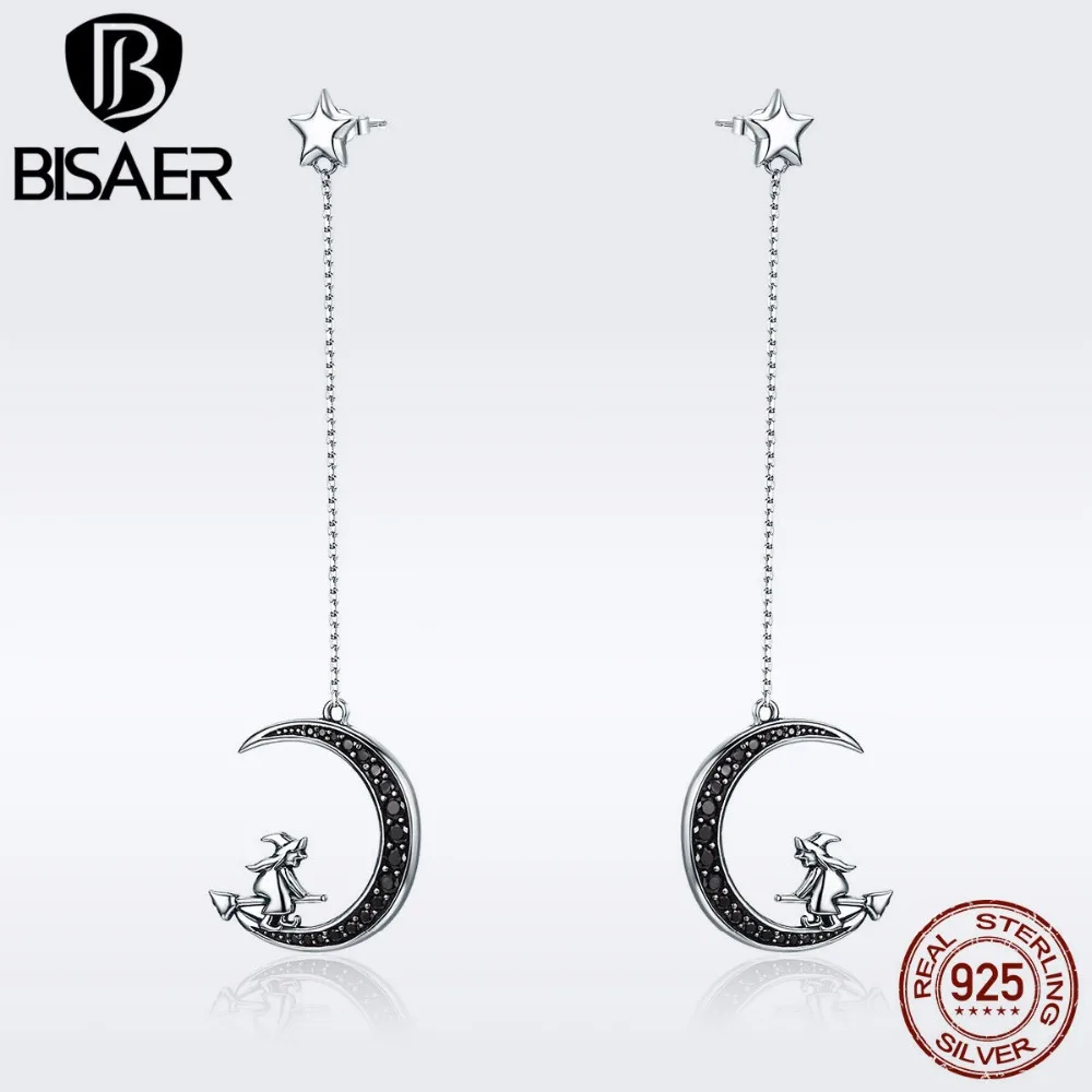 BISAER, настоящее 925 пробы, серебряная Длинная цепочка, ведьма в черном CZ Луне, серьги-гвоздики для женщин, хорошее серебряное ювелирное изделие, Brincos GXE287