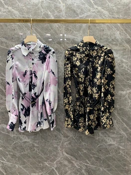 

2020 Spring and Summer New Women's Lapel Contrasting Color Stitching Decorations Long Sleeve All-match Shirt 606