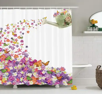 

Butterfly Flower Water Pail Garden Themed Abstract Landscape Painting Violet Greenery Floral Modern Polyester Fabric Shower