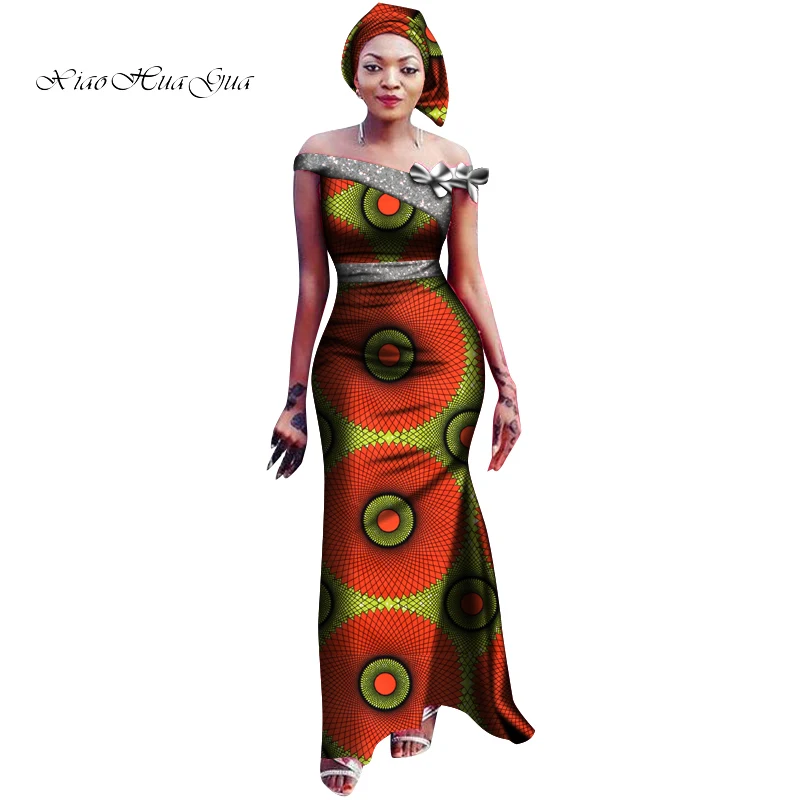 

2020 African Dresses for Women Slash Neck Sexy Ankara Split Dress with Headscarf African Wax Print Bazin Riche Dashiki WY6716