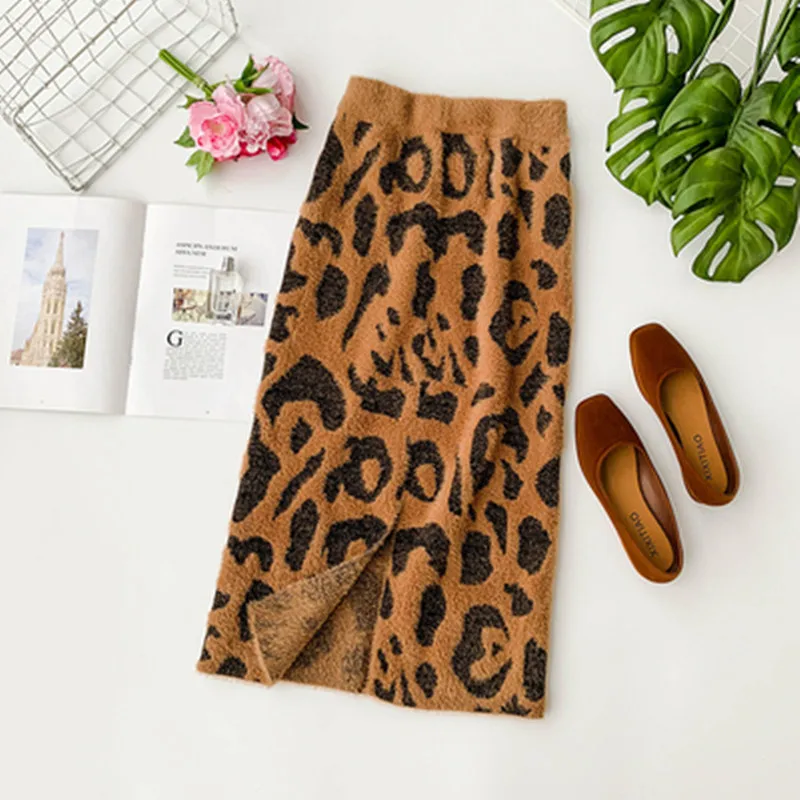 

Autumn Winter Women Leoaprd Skirt Elastic High Waist Knitting Femme Jupe Kawaii Skirt Sexy Pencil Jupe Bottom Knitted Sweater