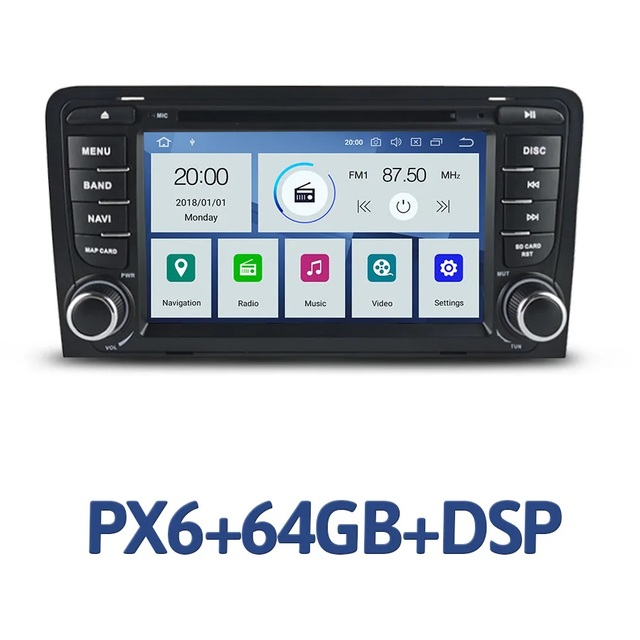 PX6 64GB with DSP " PX6 2 din Android 9,0 автомобильный dvd-плеер 6 ядер 64 Гб rom 4 Гб ram Авторадио Bluetooth gps карта для Audi A3 2002-2010 2011 S3 RS3 RN - Цвет: PX6 64GB with DSP
