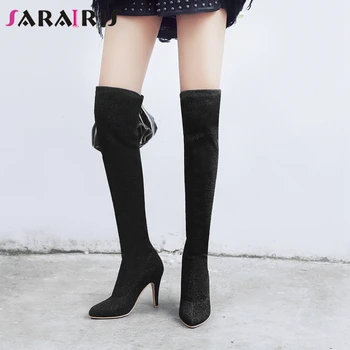 

SARAIRIS Ladies High Heels Boots Elegant Black Flock over-the-knee Boots Women Sexy Spring Thigh High Shoes Woman