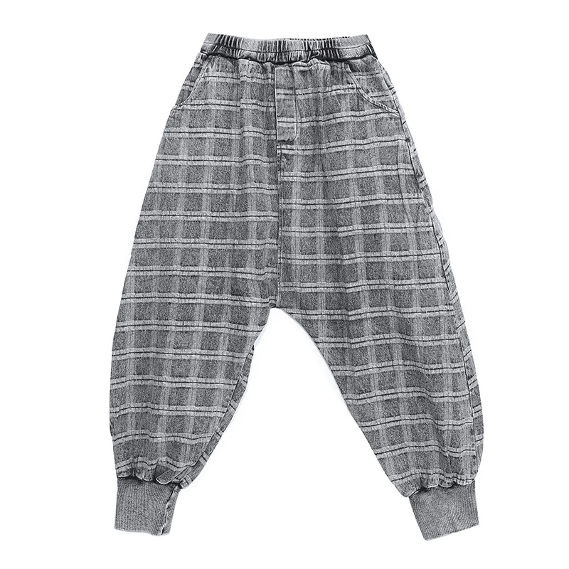 [EAM] High Elastic Waist Black Denim Plaid Harem Trousers New Loose Fit Pants Women Fashion Tide Spring Autumn 2020 1DA090